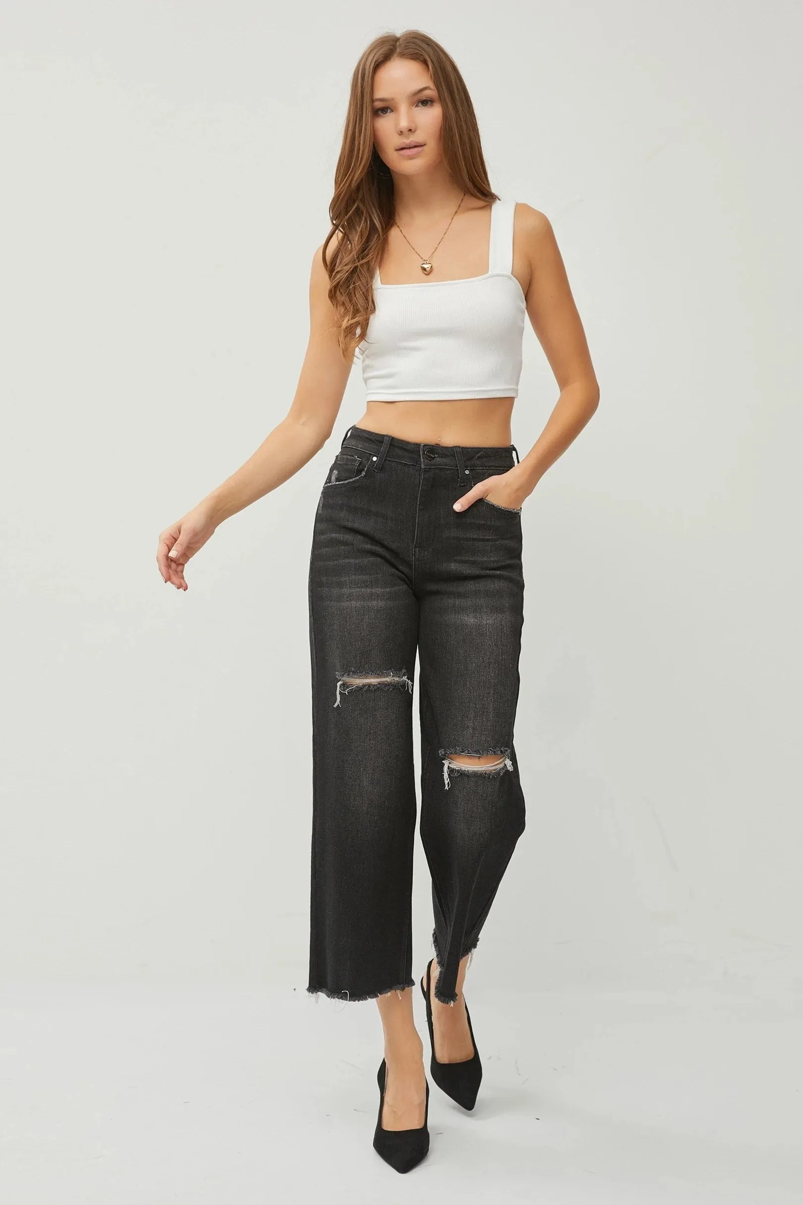 Risen Jeans -High Rise Frayed Ankle Wide Jeans - RDP5511