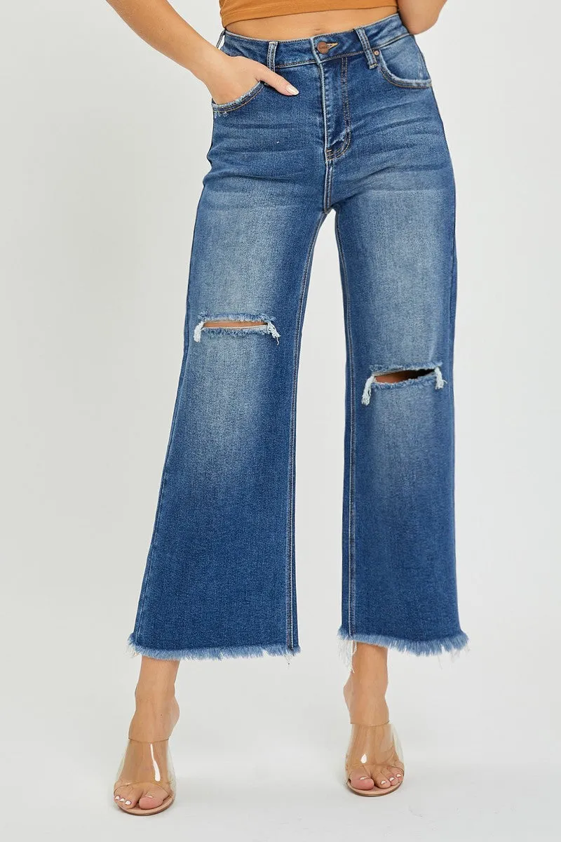 Risen Jeans -High Rise Frayed Ankle Wide Jeans - RDP5511