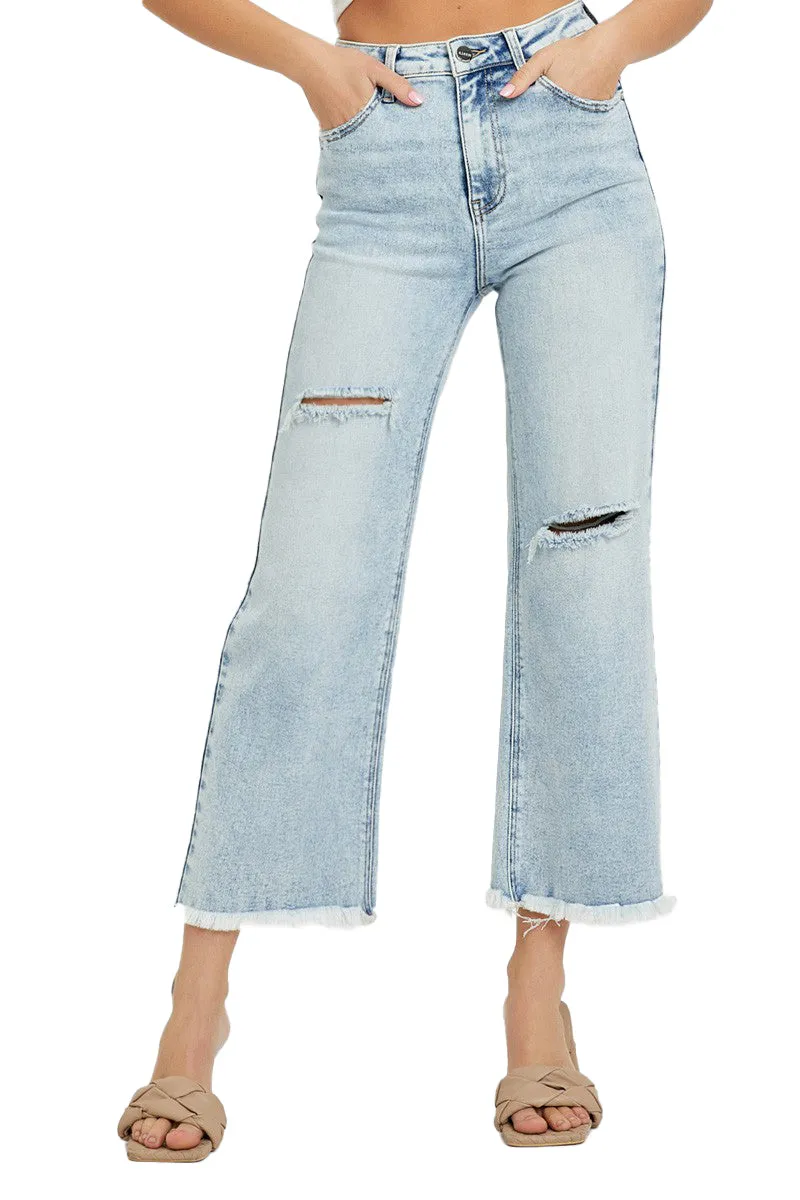 Risen Jeans -High Rise Frayed Ankle Wide Jeans - RDP5511