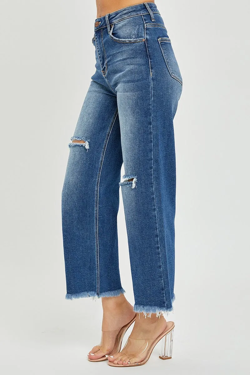 Risen Jeans -High Rise Frayed Ankle Wide Jeans - RDP5511