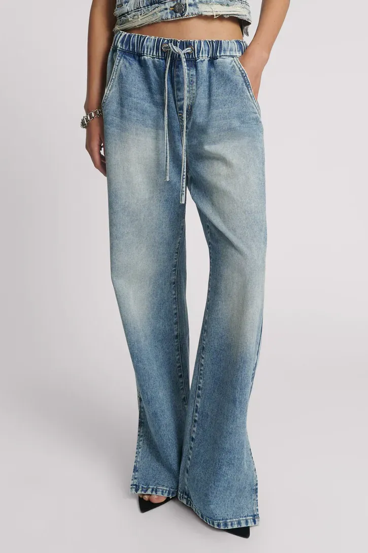 Roadhouse Wide Leg Drawstring Denim Jeans in Sunset Blue