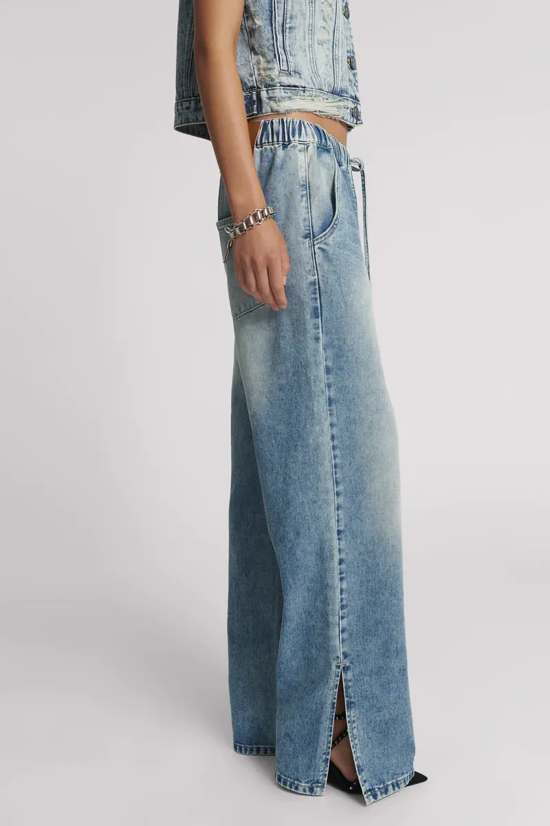 Roadhouse Wide Leg Drawstring Denim Jeans in Sunset Blue