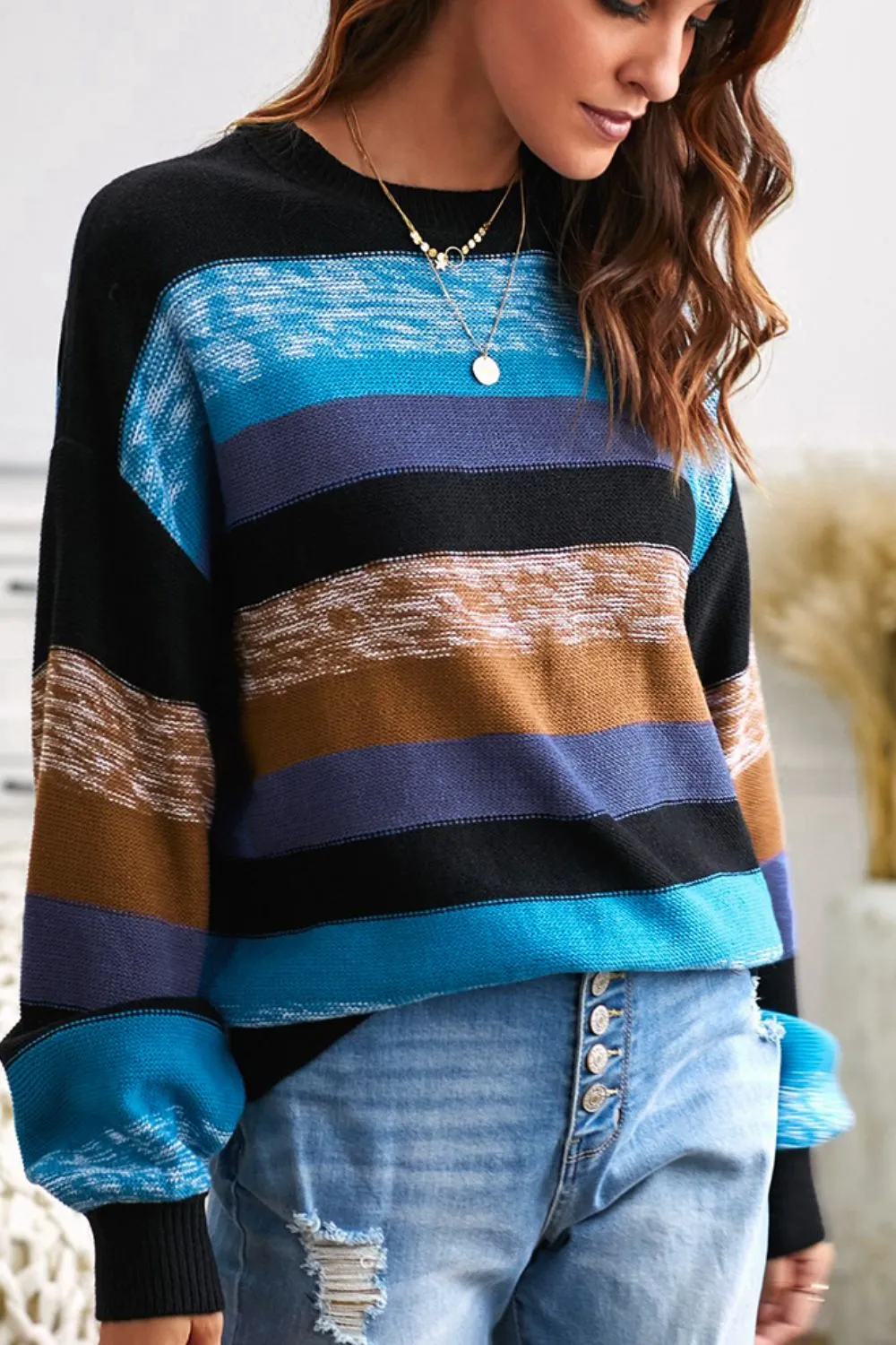 Round Neck Contrast Striped Drop Shoulder Sweater