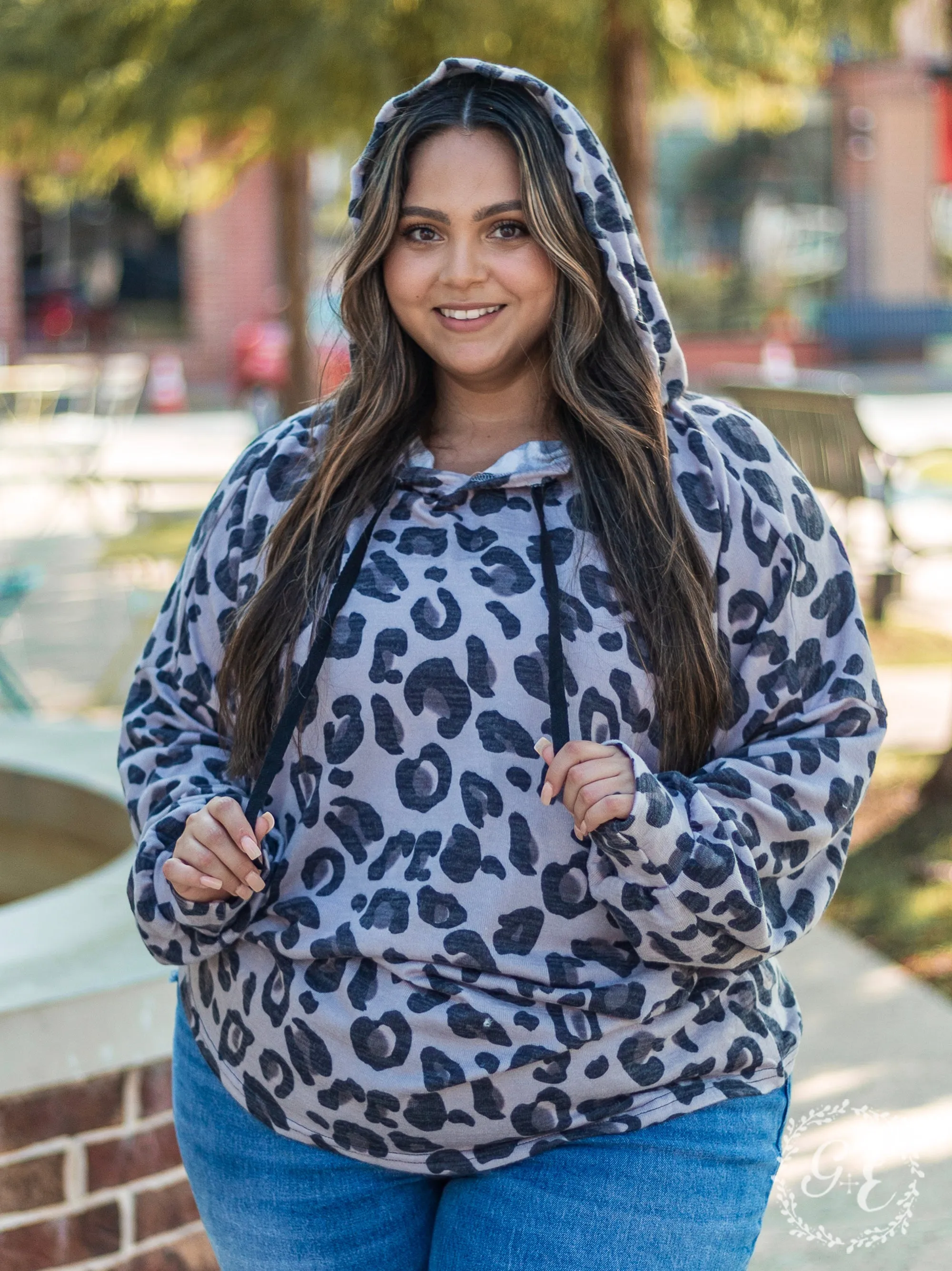 Self Love Leopard Pullover Hoodie with Drop Balloon Sleeve, Grey