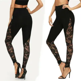 Sexy High Waist Black Lace Leggings Women's Ladies Floral Lace Side Panel Cut Out Black Leggings S M L 2XL