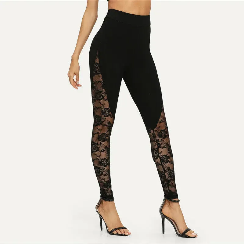 Sexy High Waist Black Lace Leggings Women's Ladies Floral Lace Side Panel Cut Out Black Leggings S M L 2XL