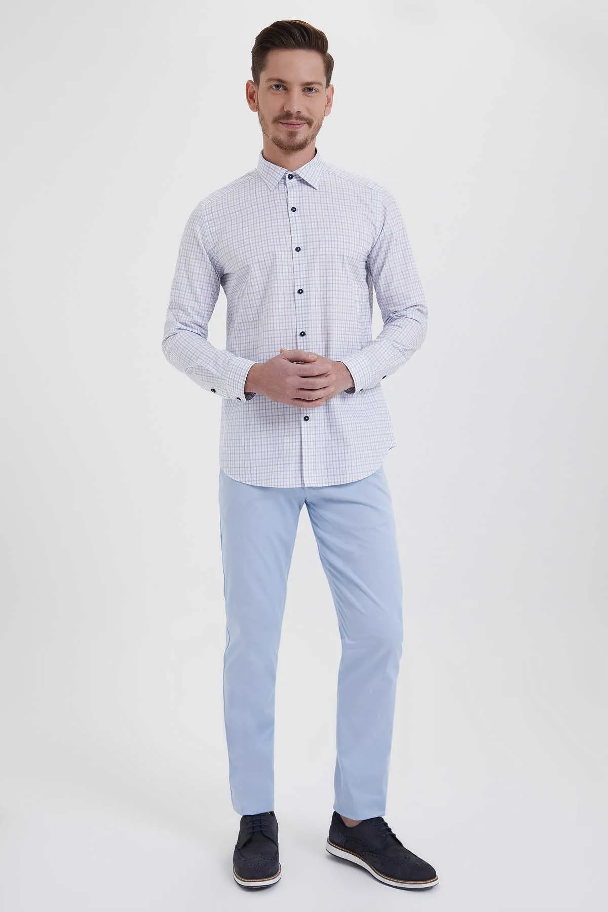 Slim Fit Long Sleeve Plaid Cotton Light Blue Dress Shirt