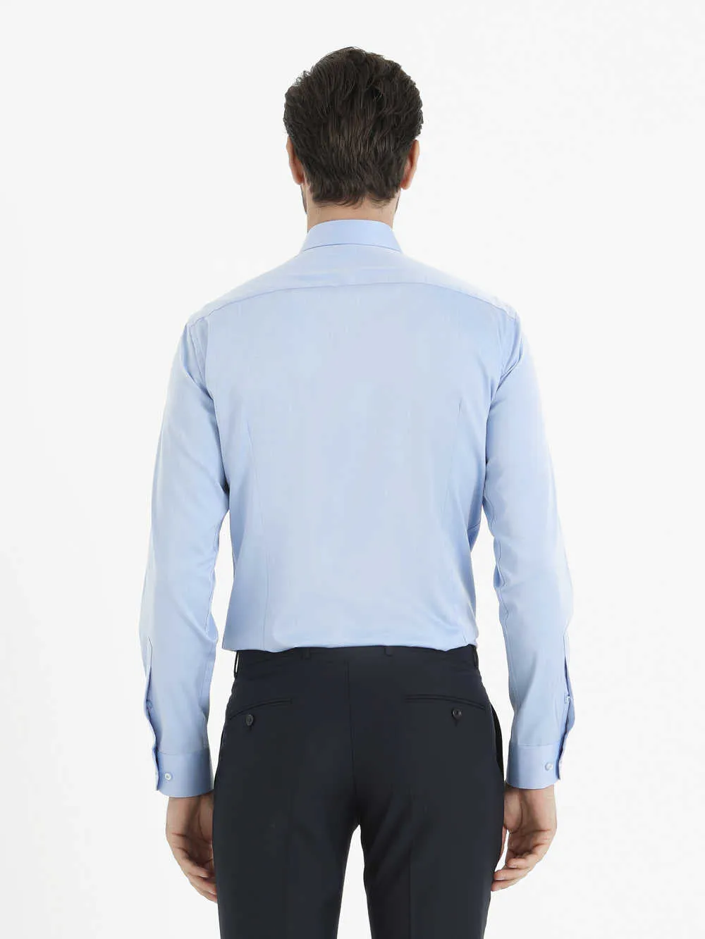 Slim Fit Plain Cotton Blend Light Blue Dress Shirt