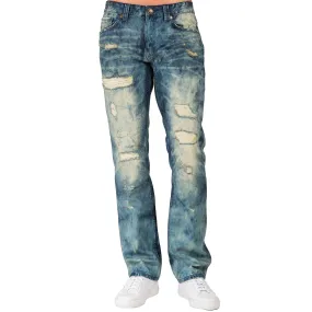 Slim Straight Khaki Tint Destroyed & Mended Premium Denim Signature 5 Pocket Jeans