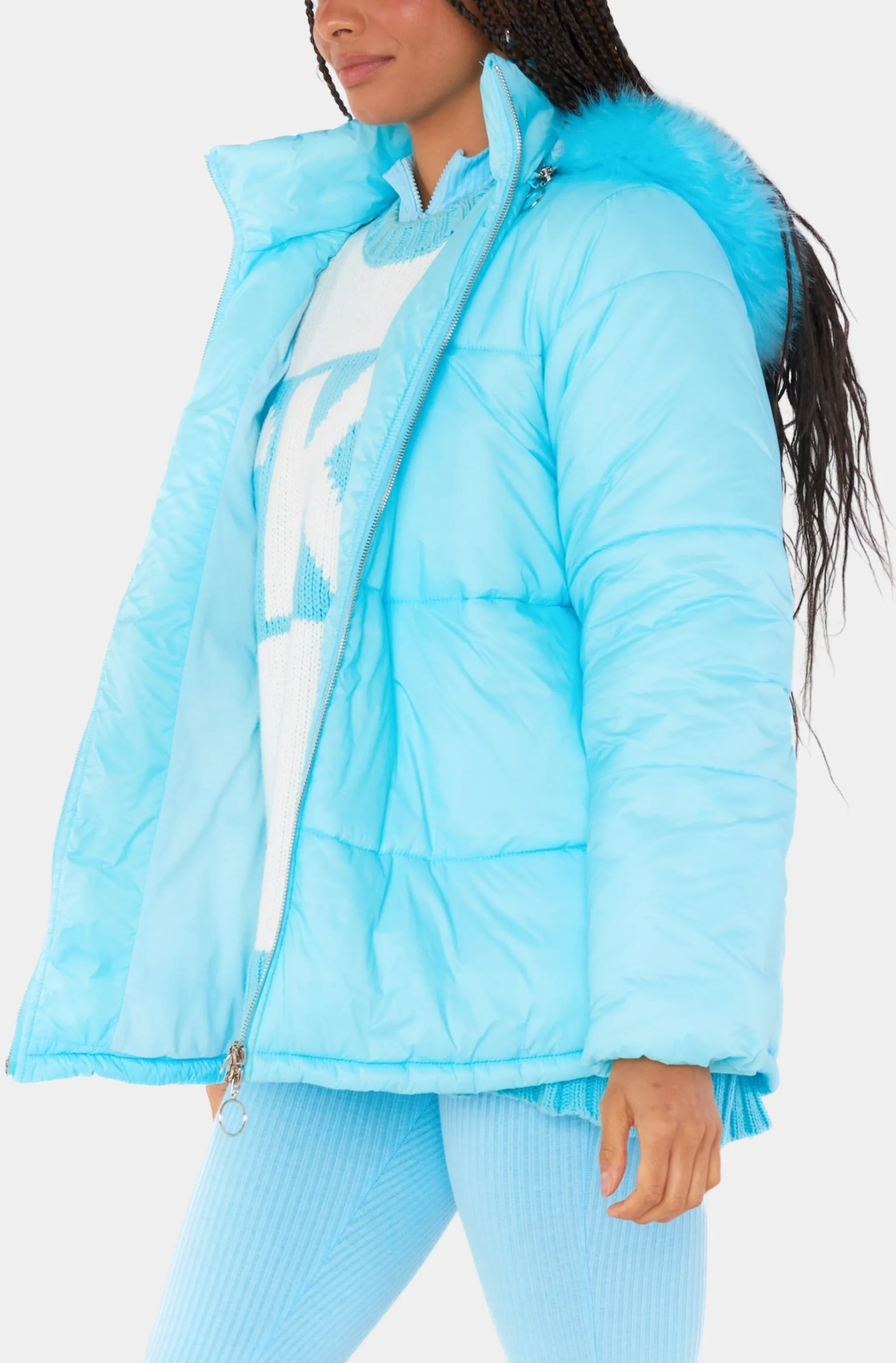 Snowbird Puffer Jacket -Powder Blue with Faux Fur