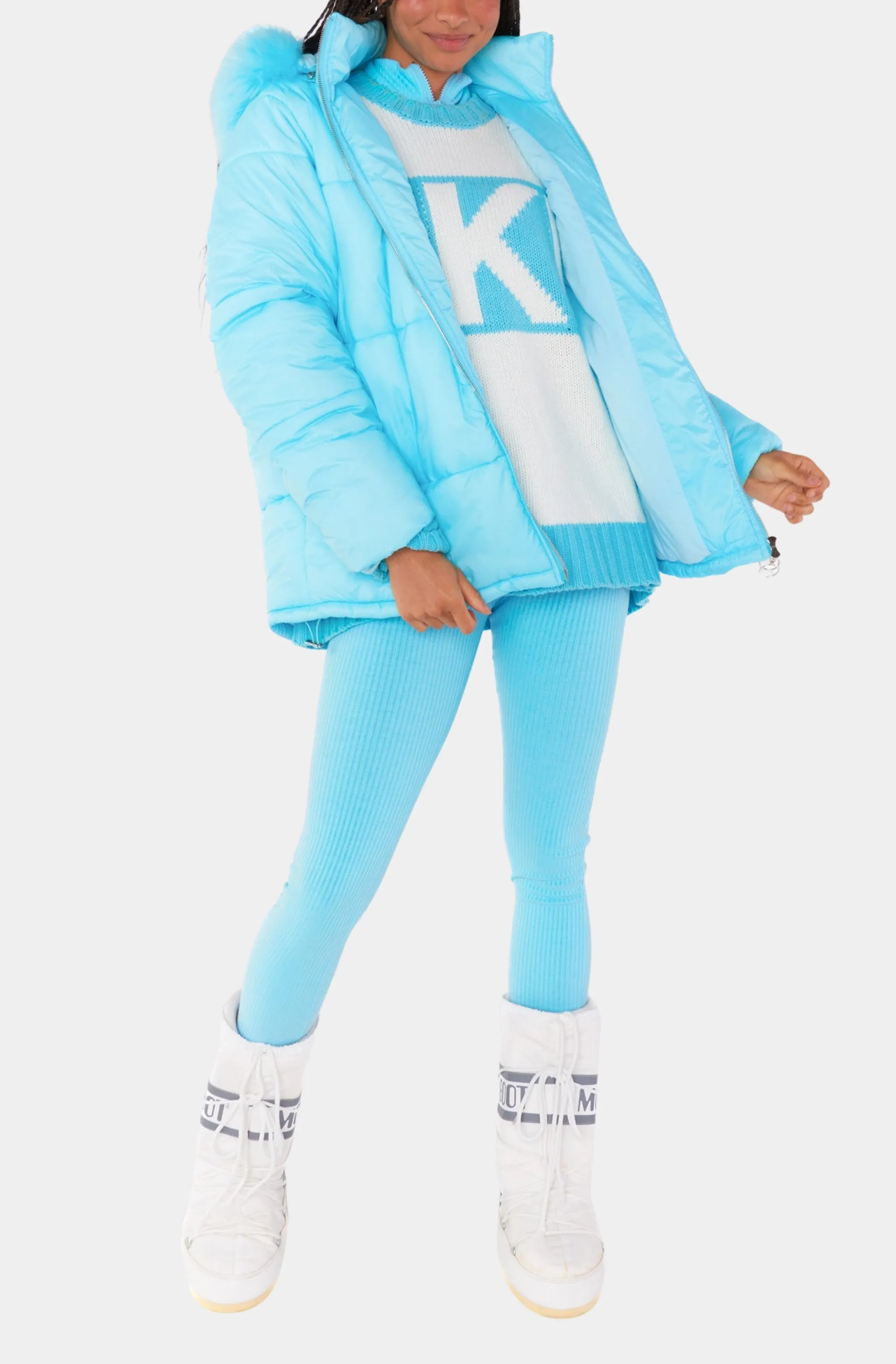 Snowbird Puffer Jacket -Powder Blue with Faux Fur