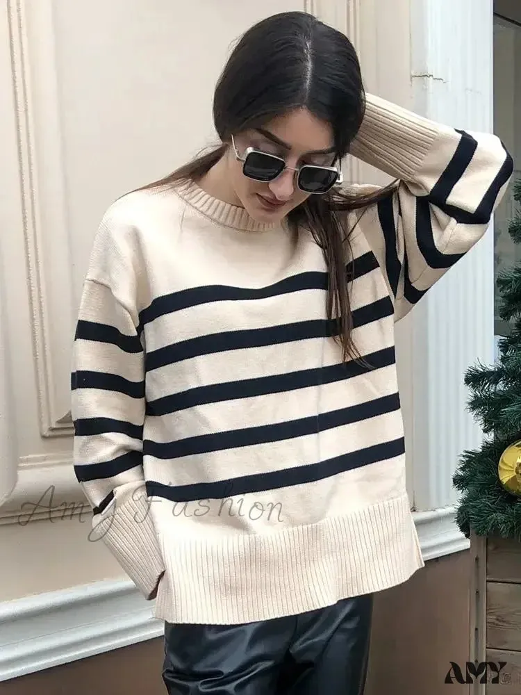 Striped Knitted Basic Thick Loose Warm Casual Streetwear Sweater