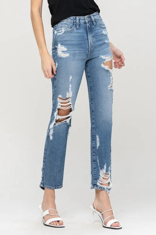 Super High Rise Tattered Ankle Straight-Flying Monkey Brand Jeans