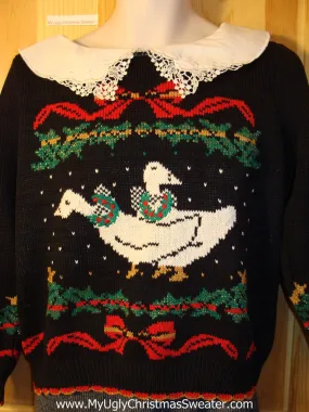 Tacky 80s Ugly Christmas Sweater with Geese and Lacey Collar (f589)