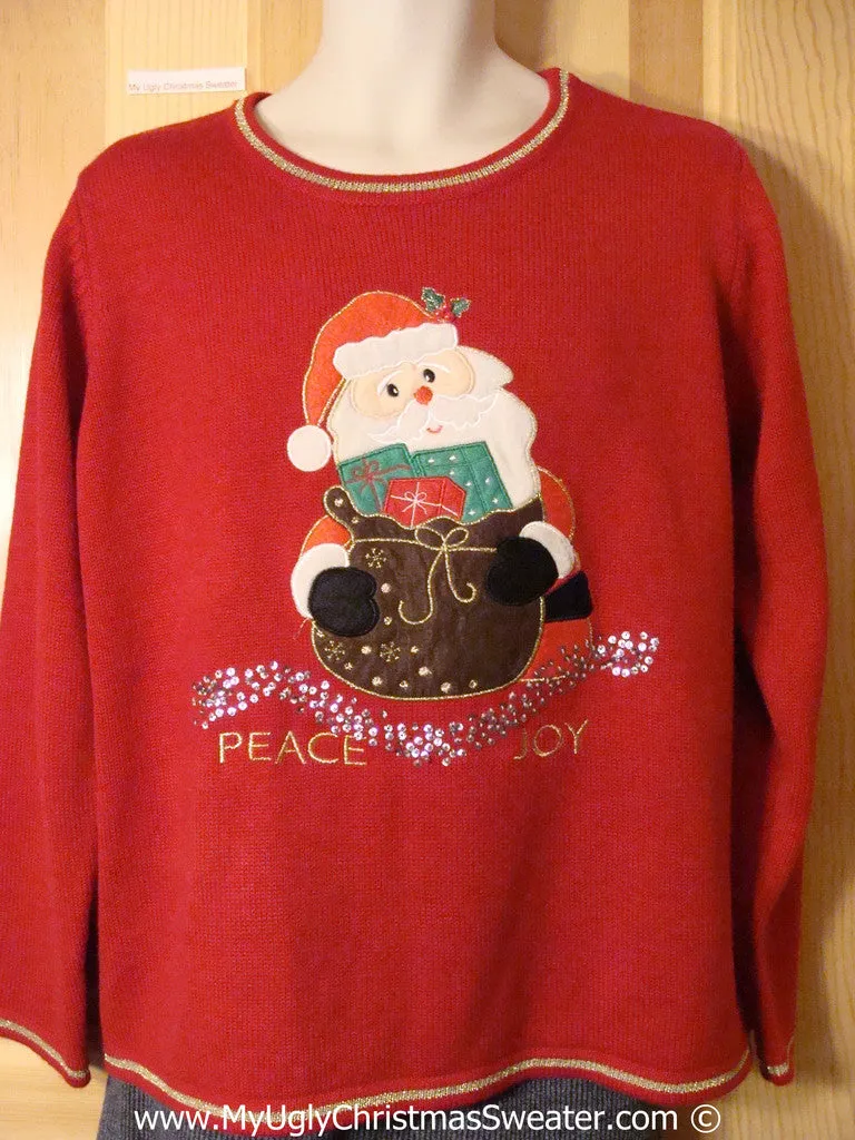 Tacky Cheesy Holiday Sweater Santa with Gift and "PEACE" and "JOY" (f1146)