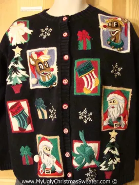 Tacky Cheesy Holiday Sweater with Patchwork Style Santa and Reindeer (f1140)