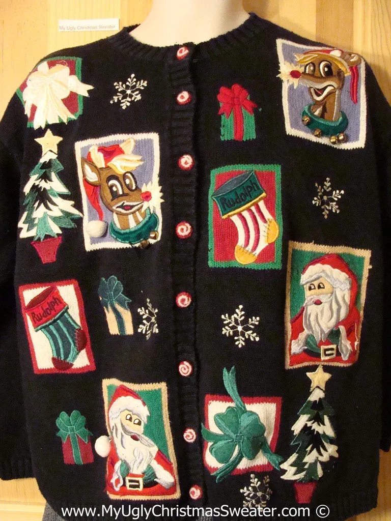 Tacky Cheesy Holiday Sweater with Patchwork Style Santa and Reindeer (f1140)