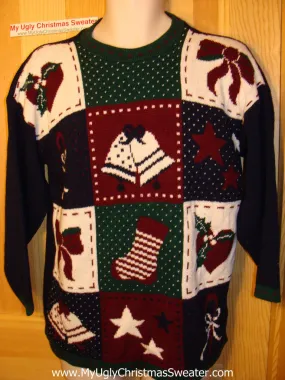 Tacky Ugly Christmas Sweater 80s Classic Grid Pattern Bells and Bows (f56)