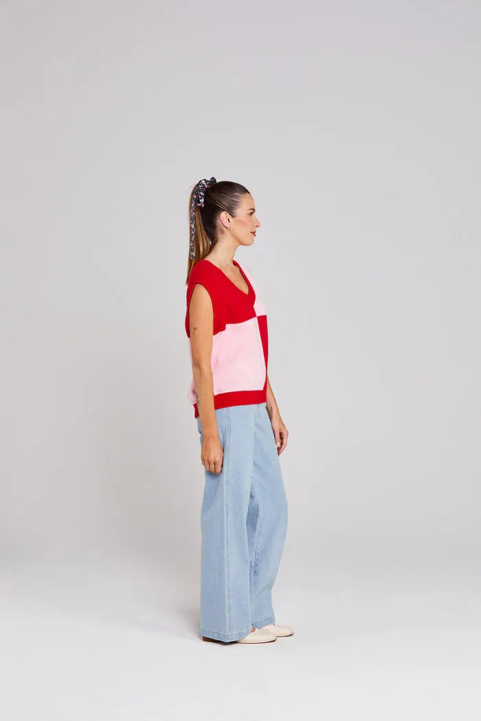 Thing Thing Divide Check Vest - Pink Tomato