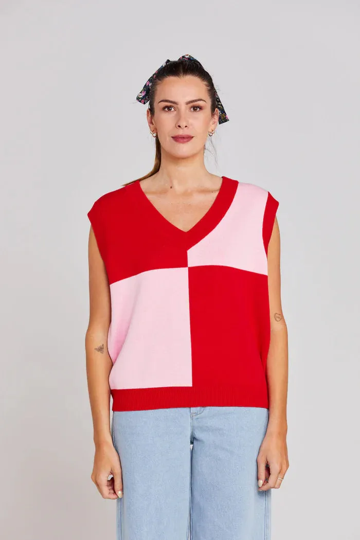 Thing Thing Divide Check Vest - Pink Tomato