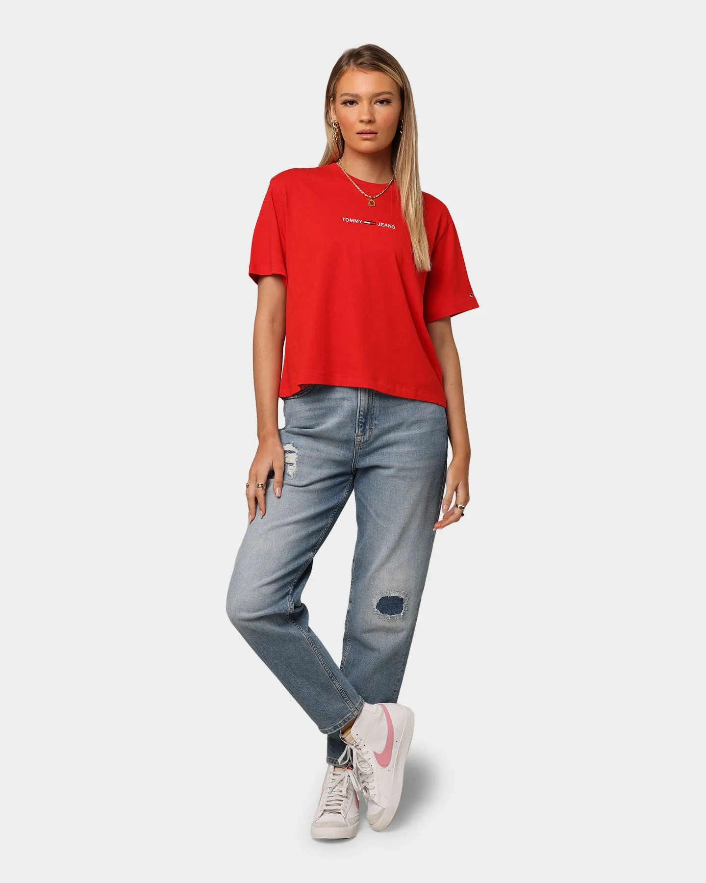 Tommy Jeans Women's Boxy Crop Linear Logo T-Shirt Deep Crimson