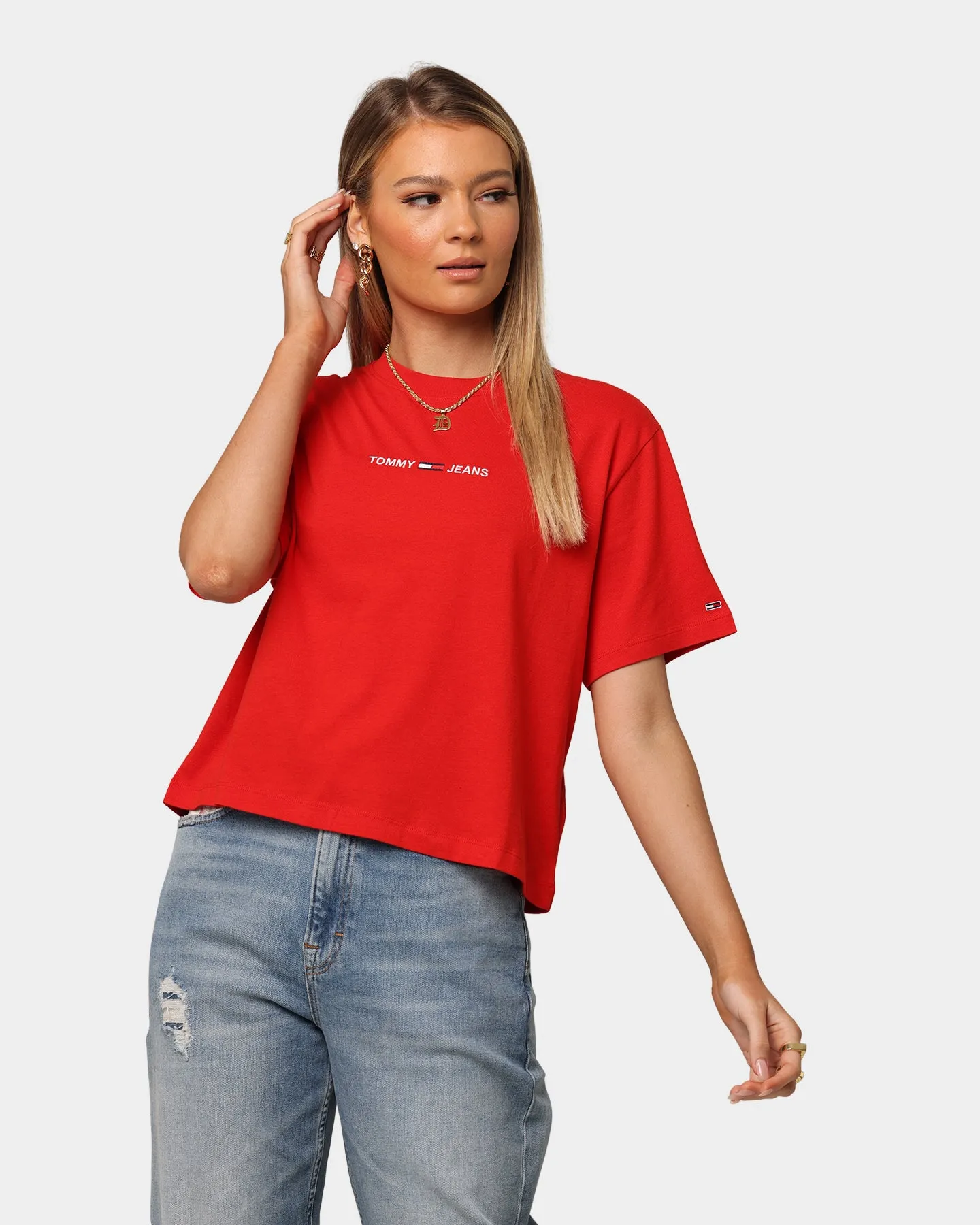 Tommy Jeans Women's Boxy Crop Linear Logo T-Shirt Deep Crimson