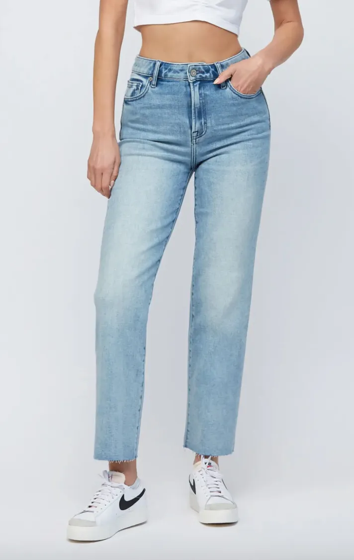 Tracey - High Rise Light Wash Cropped Straight Leg Jeans