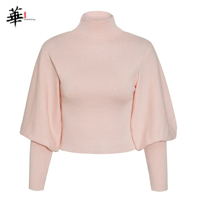 Turtleneck Woman Long Sleeve Knitted Cropped Sweater