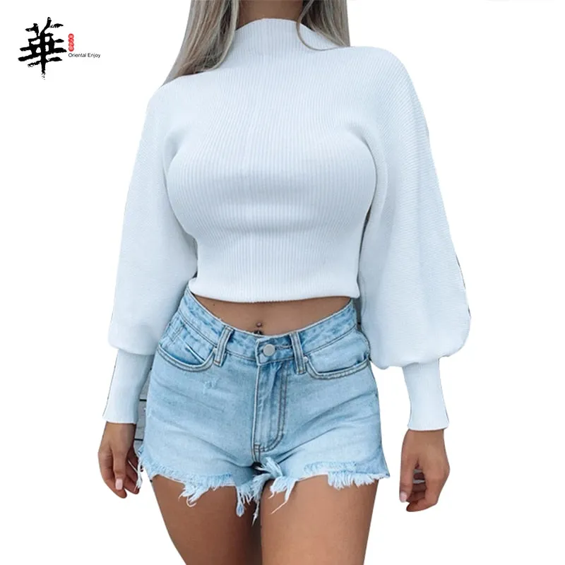 Turtleneck Woman Long Sleeve Knitted Cropped Sweater