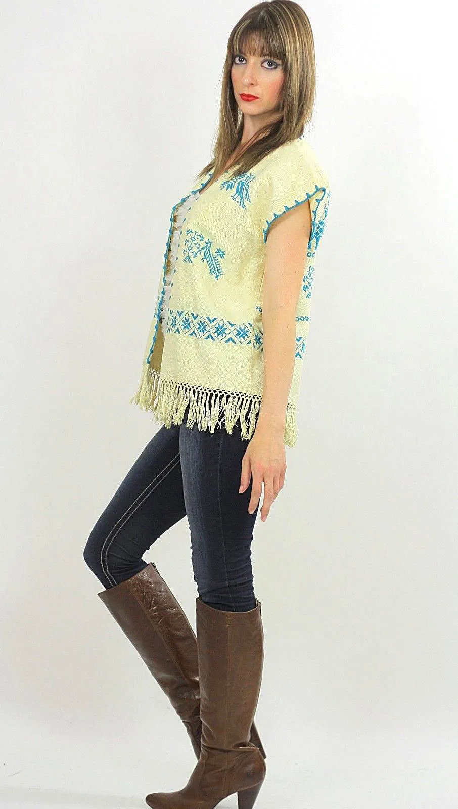 Vintage 70s Hippie boho embroidered fringe vest top