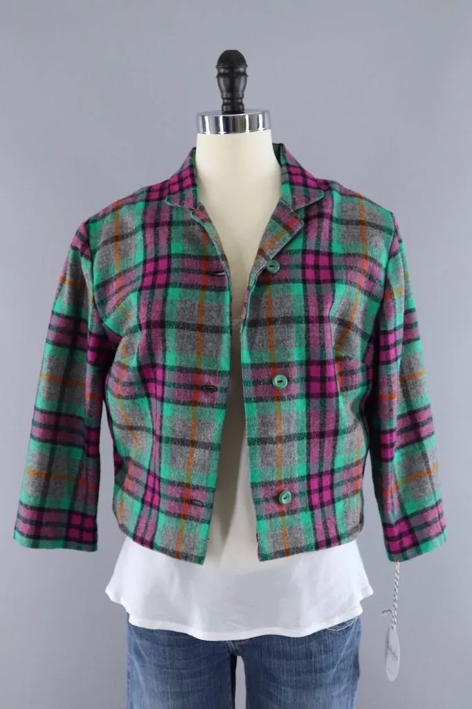 Vintage Green and Pink Plaid Wool Vest and Jacket Set