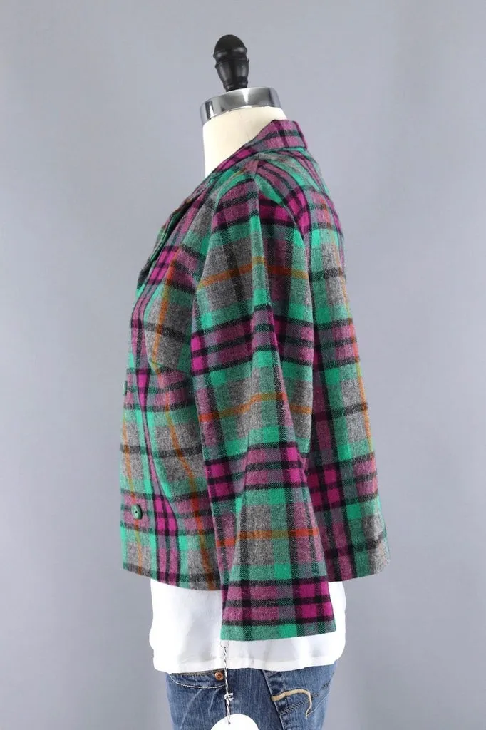 Vintage Green and Pink Plaid Wool Vest and Jacket Set