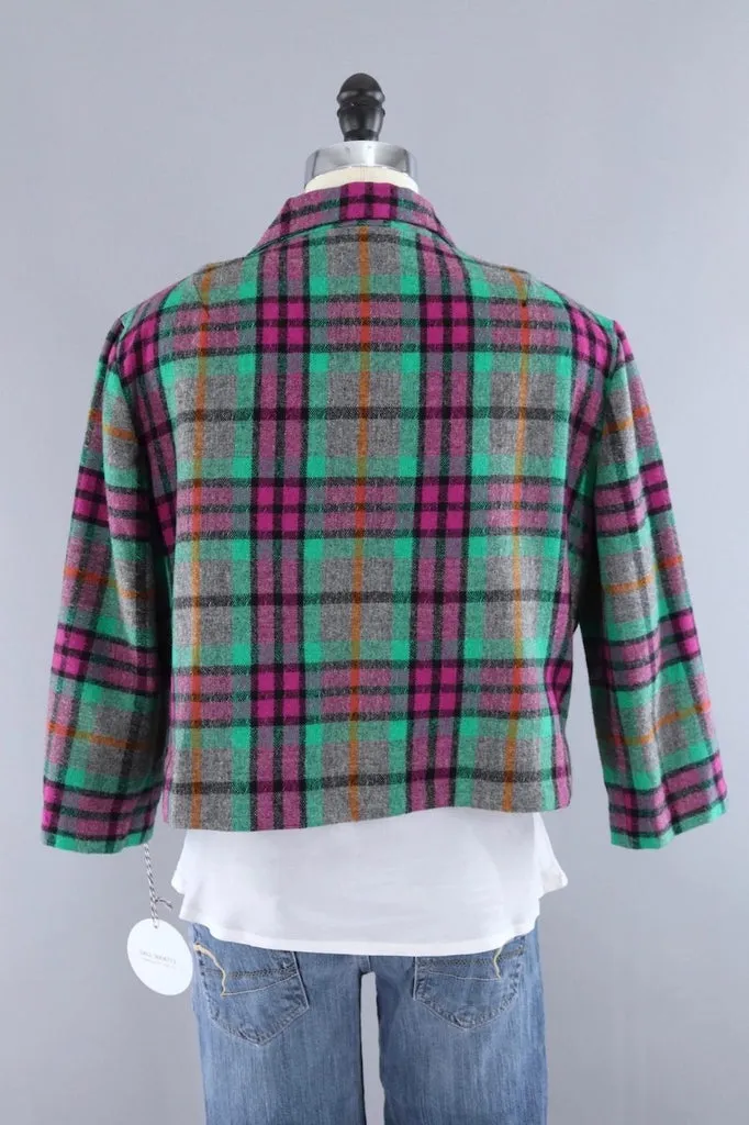 Vintage Green and Pink Plaid Wool Vest and Jacket Set