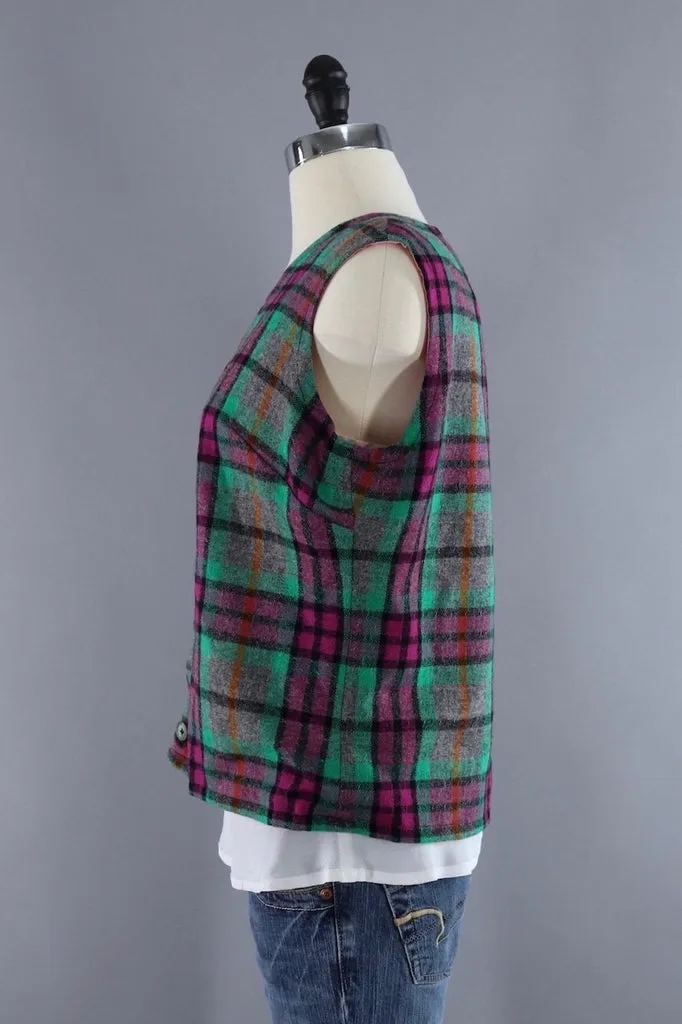 Vintage Green and Pink Plaid Wool Vest and Jacket Set