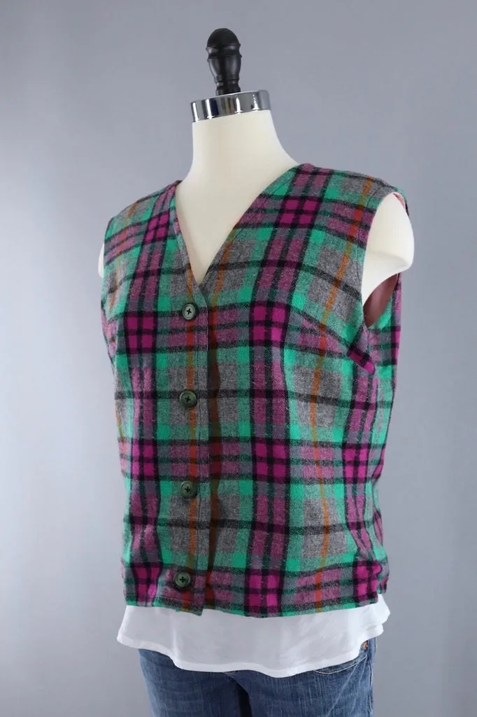 Vintage Green and Pink Plaid Wool Vest and Jacket Set