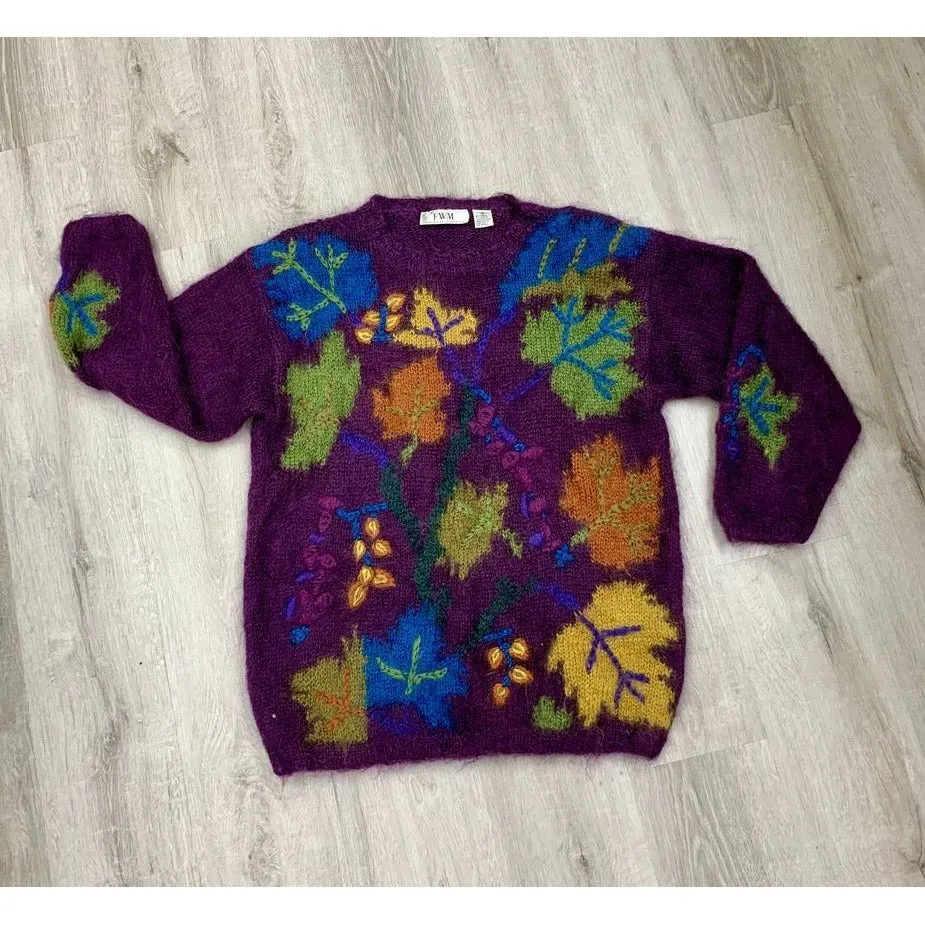 Vintage Hand Knit Pullover Sweater "Fall Leaves" Size M