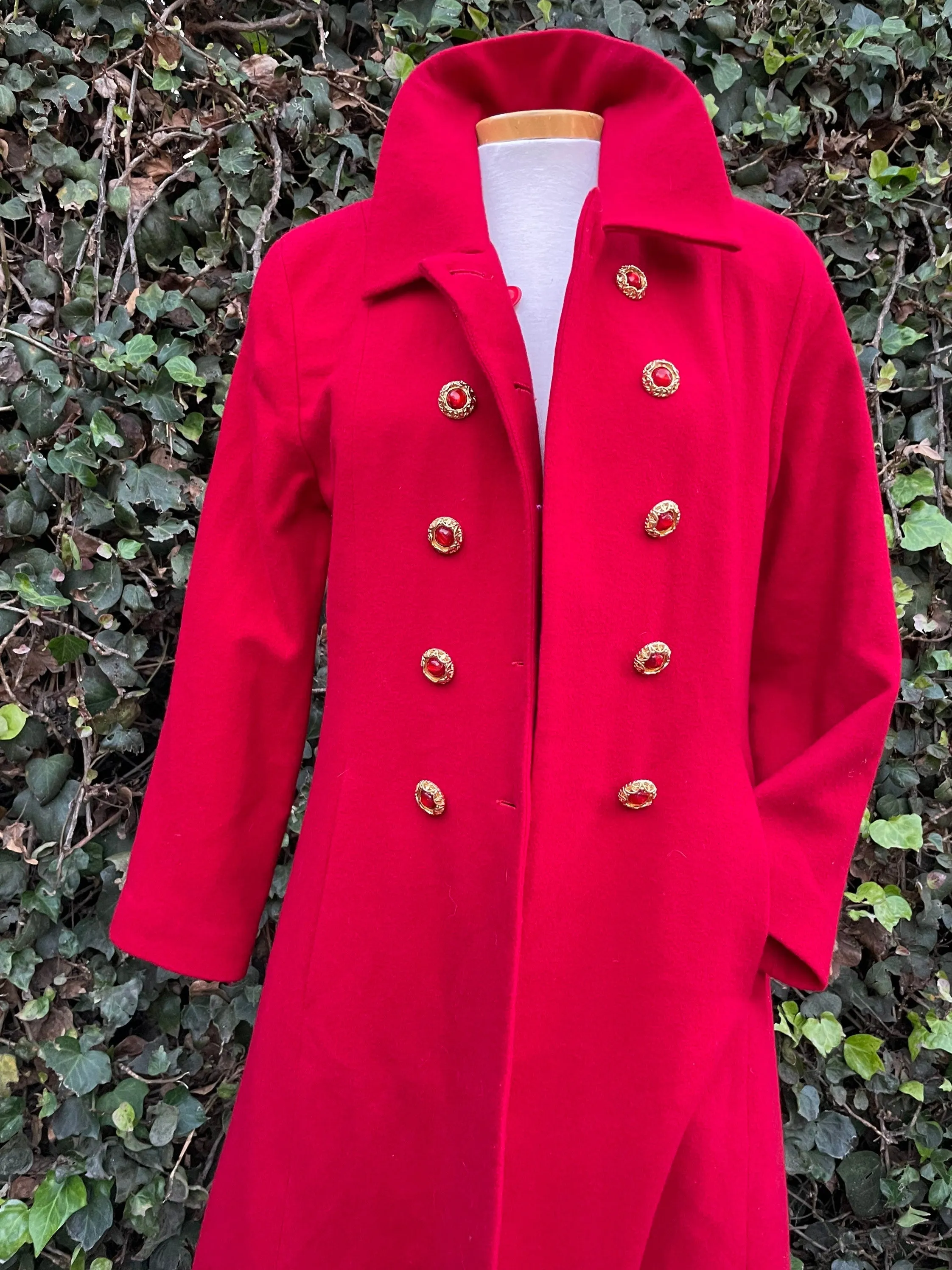 Vintage Red Wool Jewel Button Red Long Peacoat