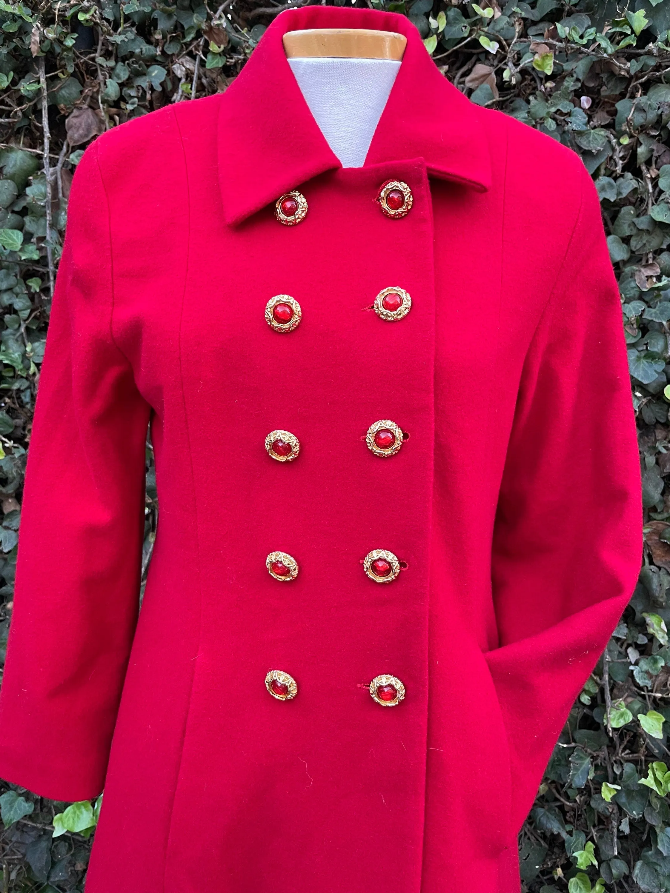 Vintage Red Wool Jewel Button Red Long Peacoat