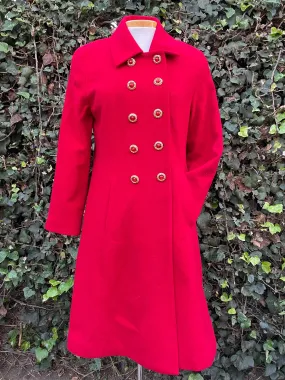 Vintage Red Wool Jewel Button Red Long Peacoat