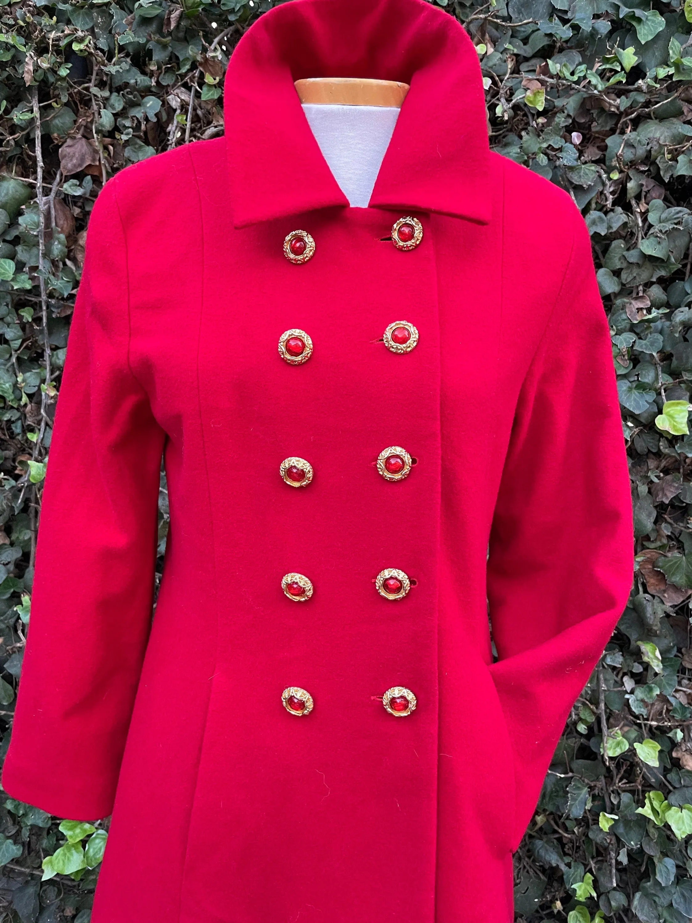 Vintage Red Wool Jewel Button Red Long Peacoat