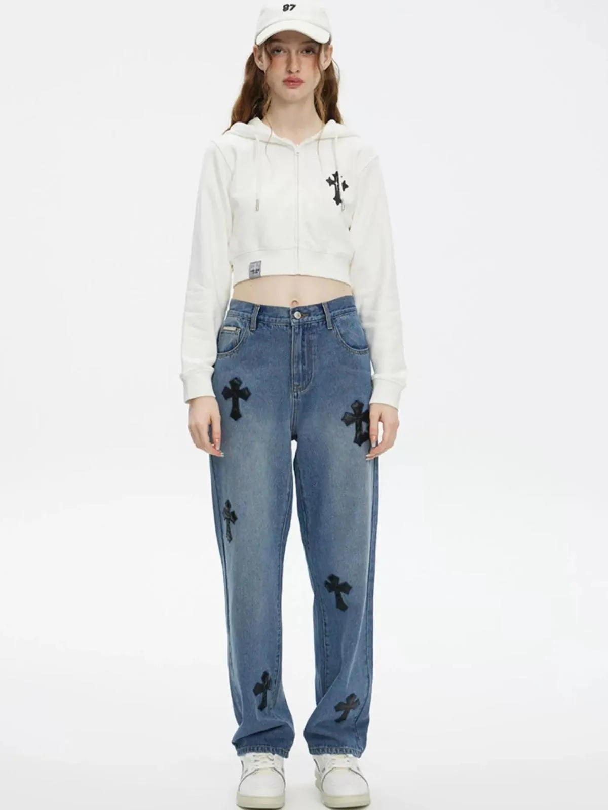 We Love Street Retro Gothic Cross Pastel Trousers Loose Jeans