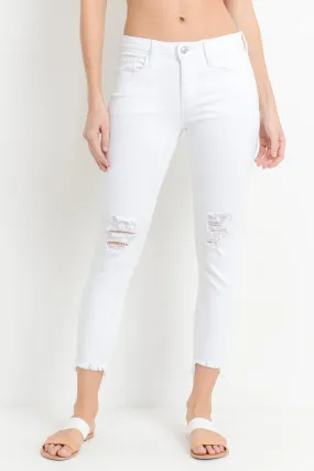 White Destroyed Hem Crop Skinny Jeans