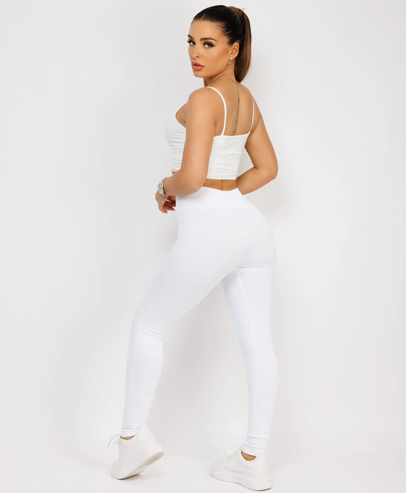 White High Waist Ribbed Gym Leggings