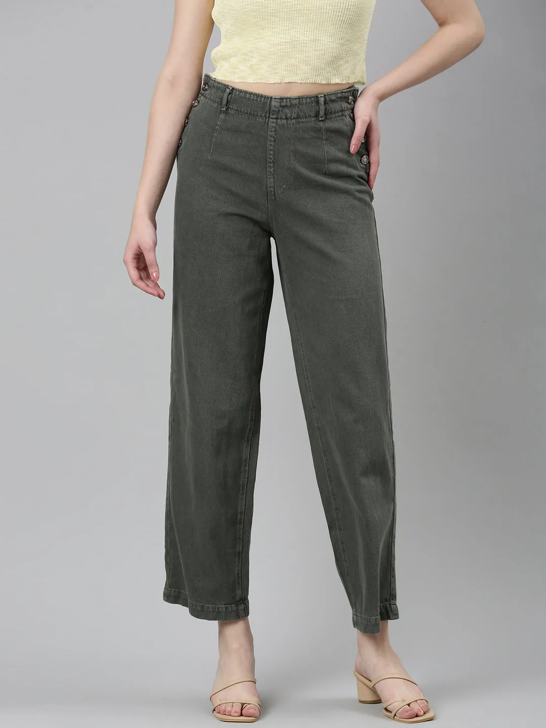 Women Olive Solid Wide Leg Denim Jeans