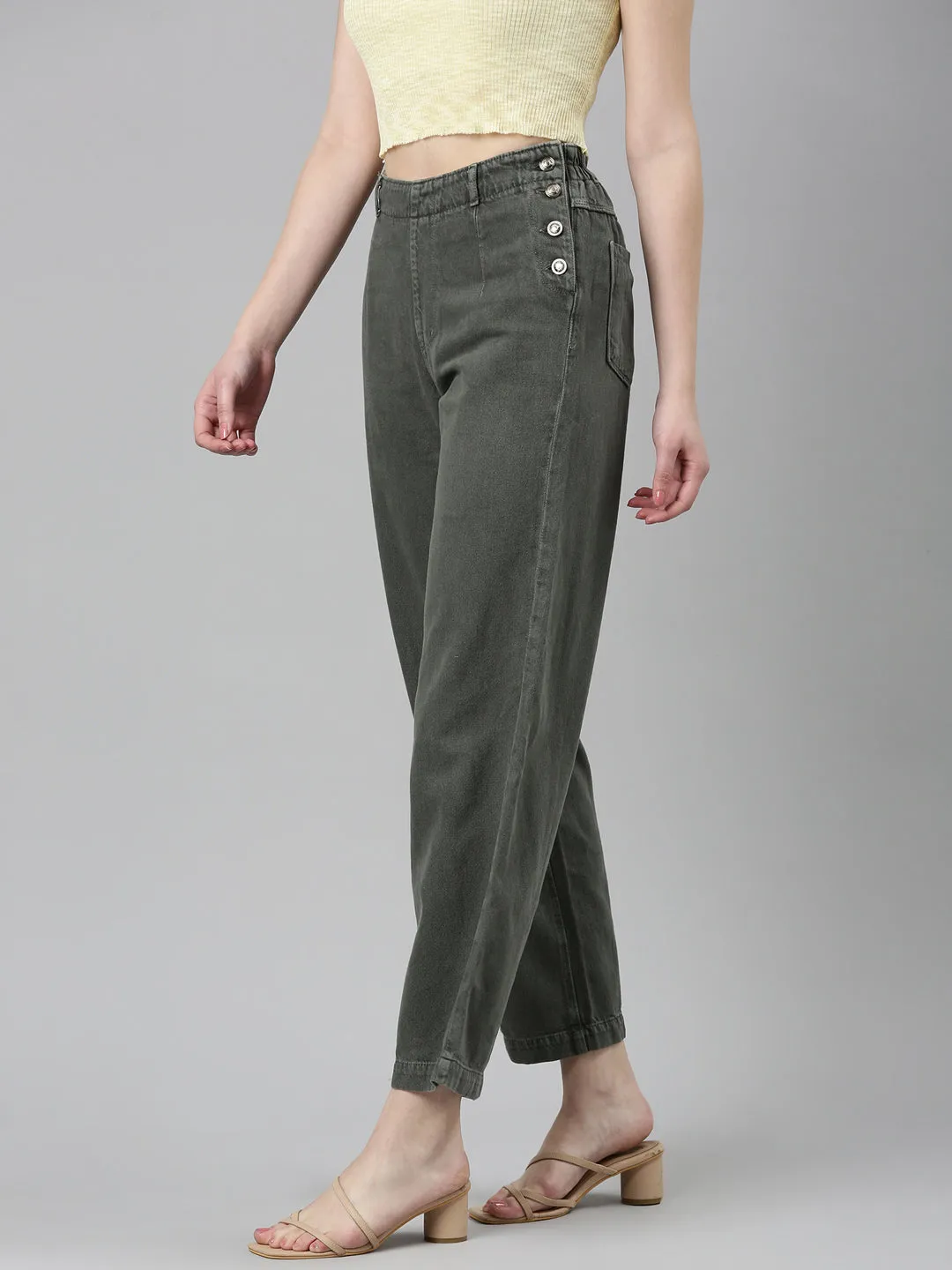 Women Olive Solid Wide Leg Denim Jeans