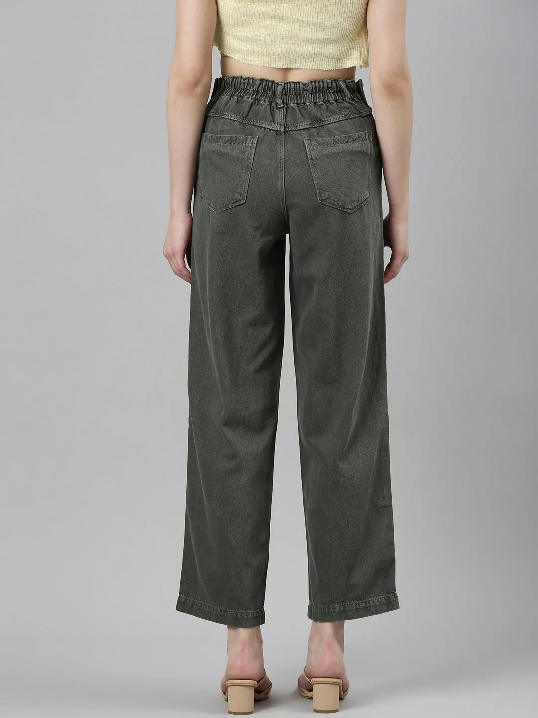 Women Olive Solid Wide Leg Denim Jeans