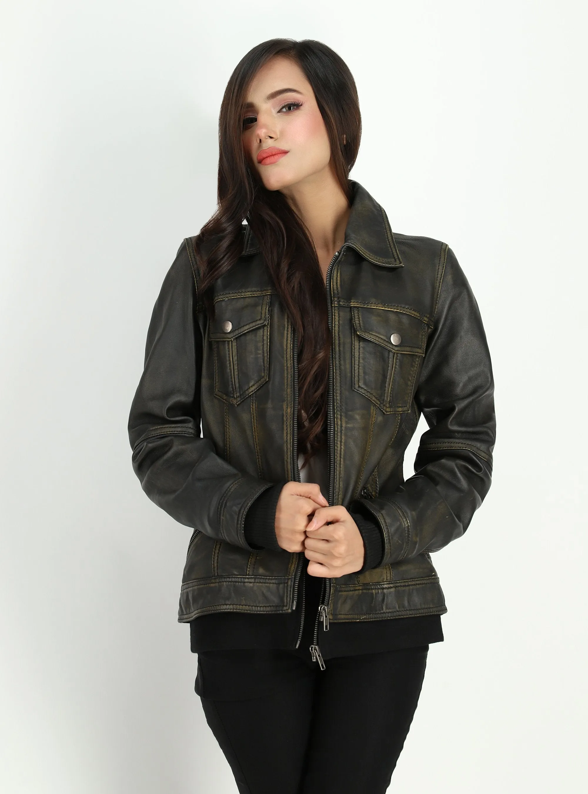 Womens Adalena Dual Tone Rustic Leather Jacket