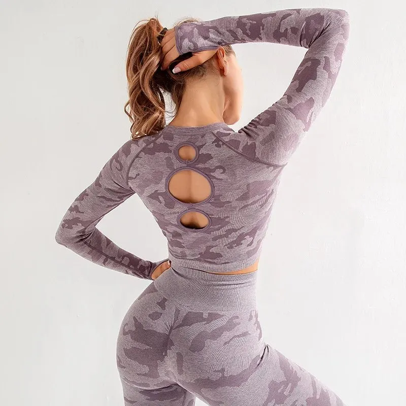 Women’s Camouflage Activewear Yoga Suit - 2 Pc Backless Long Sleeve Top & Seamless Leggings Set - Workout Clothes for Women