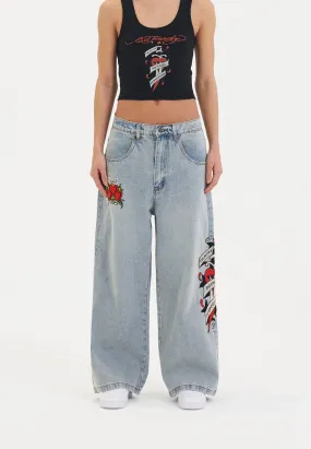 Womens Death Before Dishonour Xtra Oversized Denim Trousers Jeans - Blue