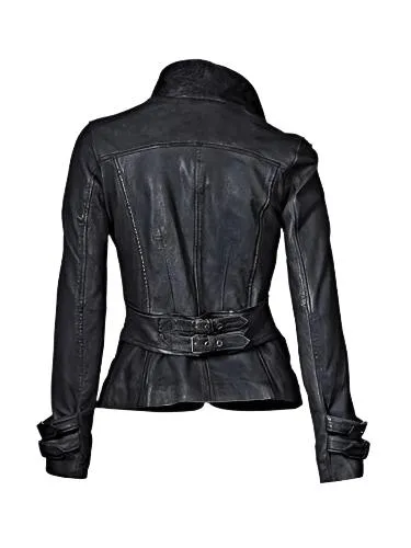 Women's Four Button Closure Peacoat Leather Jacket WJ065